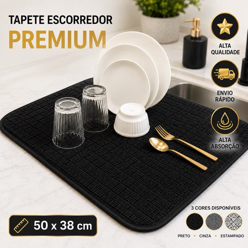 Tapete Escorredor de Louça Alta Absorção Poliéster Secagem Rápida Preto Cinza Cozinha