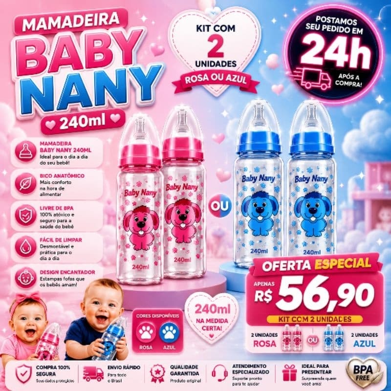 Kit 2 Mamadeiras Bebê Baby Nany 240ml Rosa ou Azul Envio em 24Horas