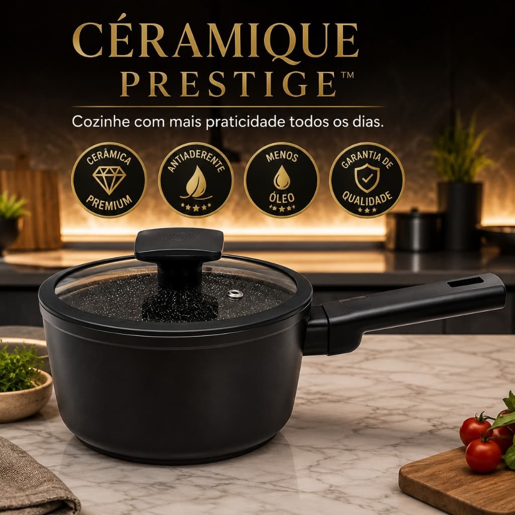 Panela Cerâmica Antiaderente 20cm com Tampa de Vidro Preta Não Gruda Fácil Limpeza Cozinha Saudáve