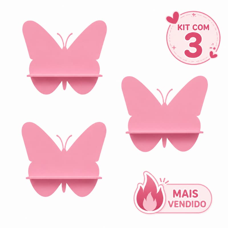 Kit 3 Nichos Prateleira Borboleta Para Bebê Infantil Quarto e Sala