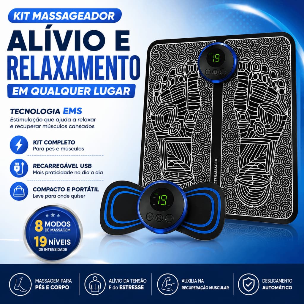 Kit Massageador Elétrico EMS Tapete Massageador para Pés e Muscular Portátil USB 8 Modos 19 Intensidades