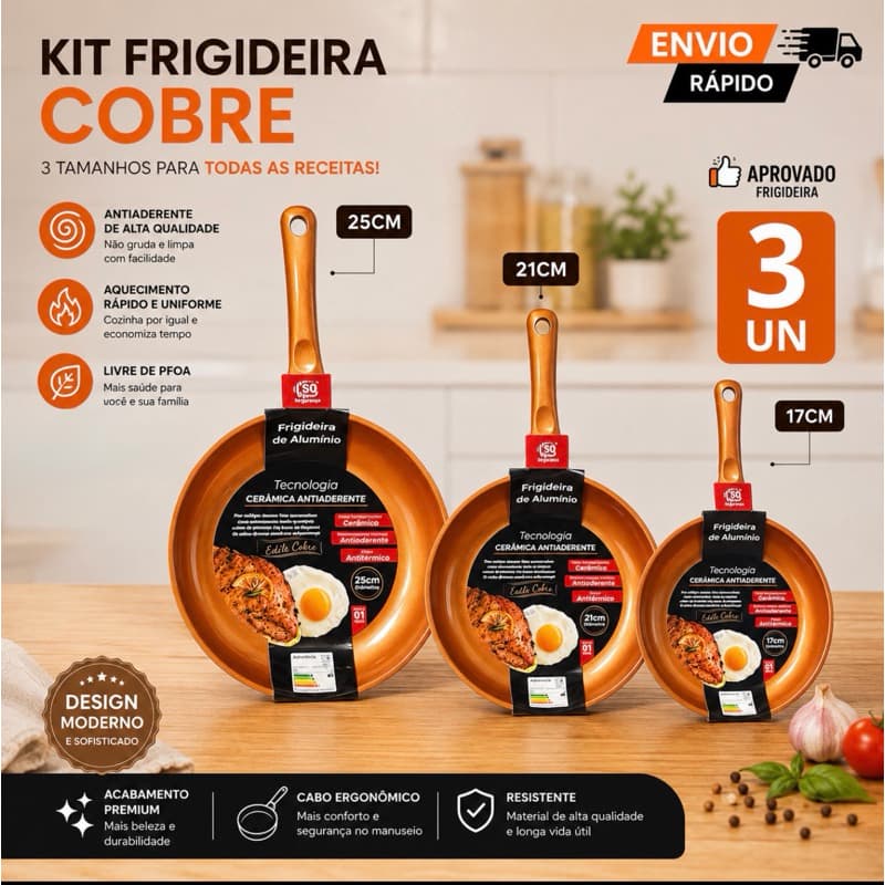 Frigideiras Antiaderente Cerâmica Cobre 17cm 21cm 25cm Premium Alumínio Chef Profissional Frigideira