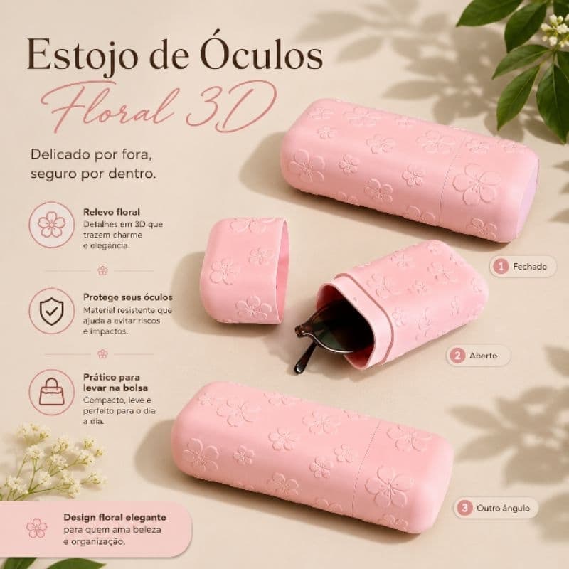 Case para Óculos Floral 3D com Tampa – Estojo Protetor para Bolsa e Viagem