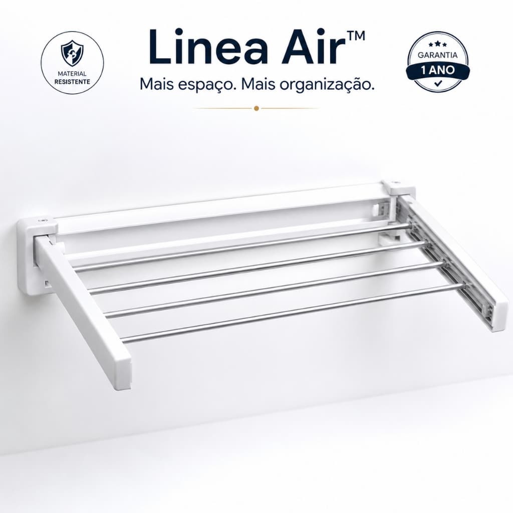 Varal Retrátil Dobrável de Parede 5 Varetas Compacto Branco Economiza Espaço Linea Air™