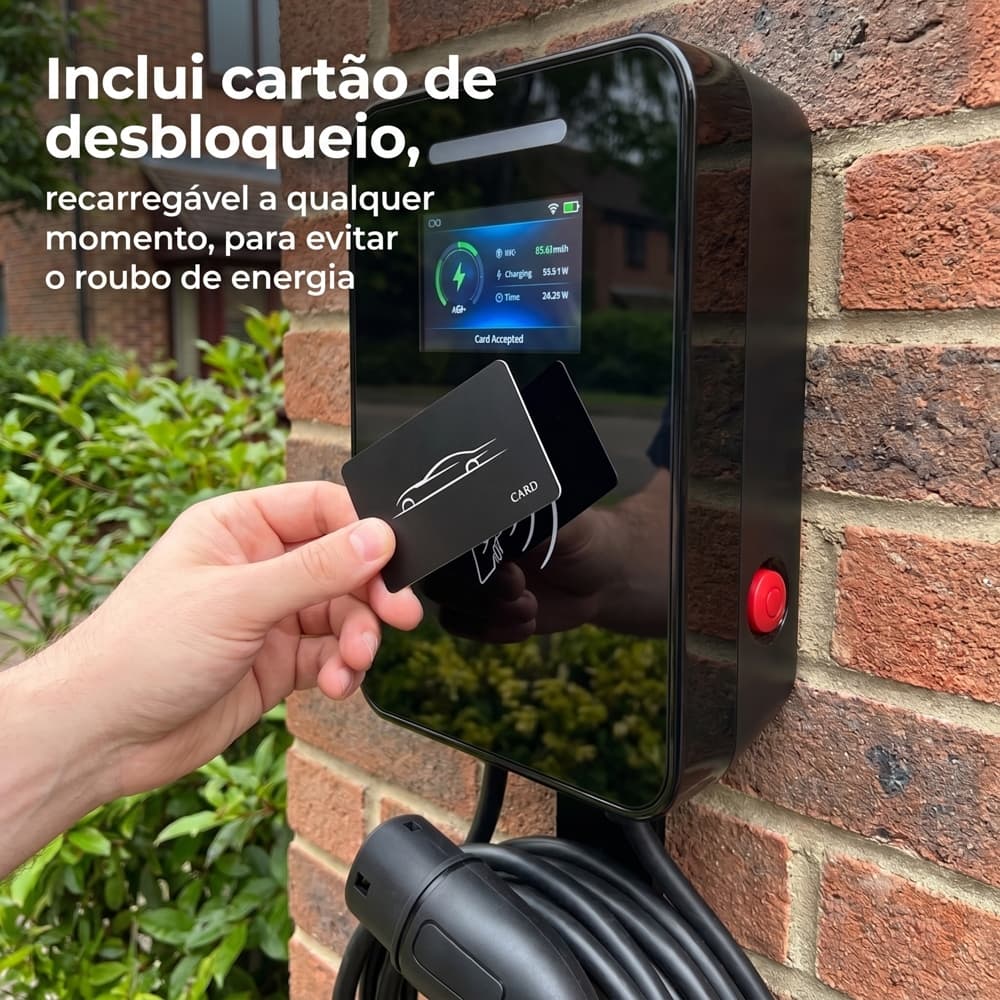 Carregador Home EV 7kW 32A 240V Bivolt | 5m TPE Cobre | IP54 ABS+Vidro Temperado | Display LCD + Cartão NFC