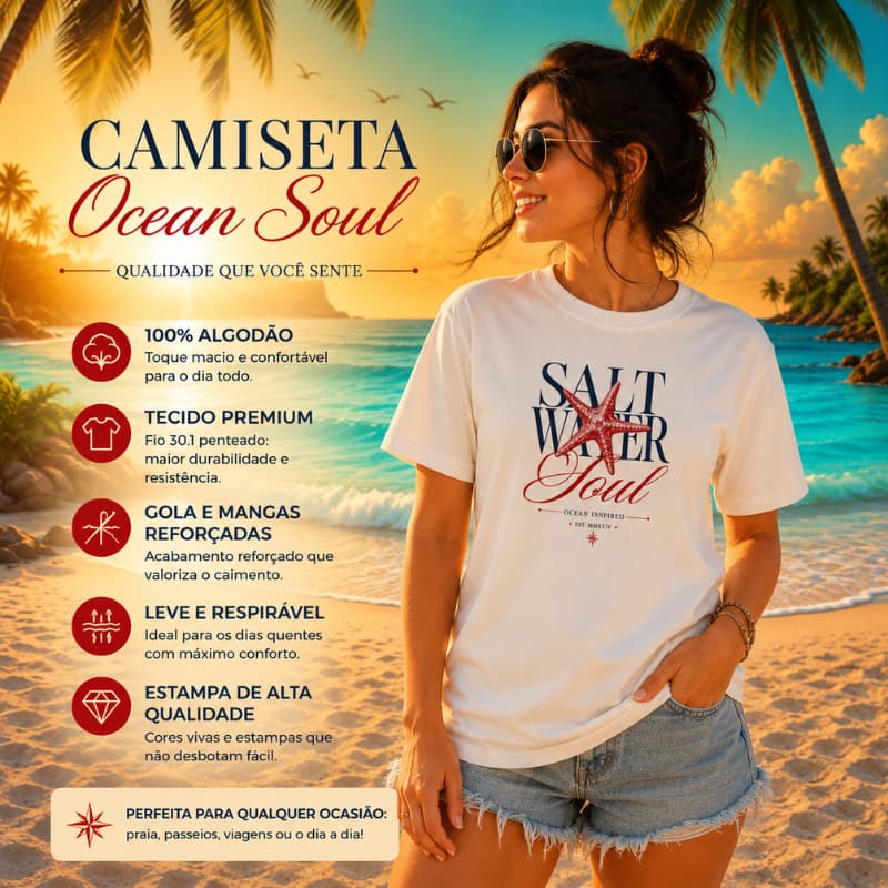 Camiseta Feminina Estampada Estrela Do Mar Delicada Qualidade Premium