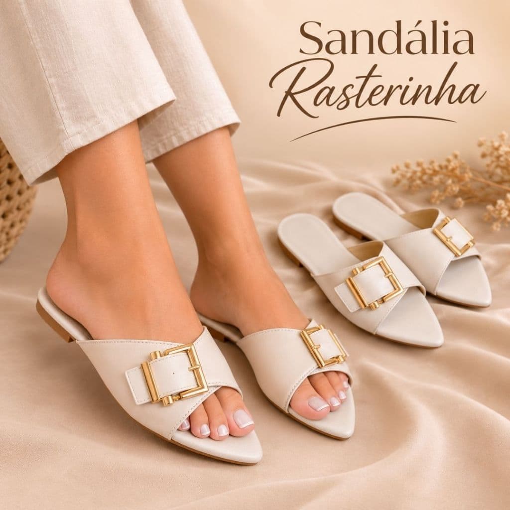 Sandália Feminina Rasteira Napa Madri Com Fivela Bico Folha Confortável Elegante Sofisticada