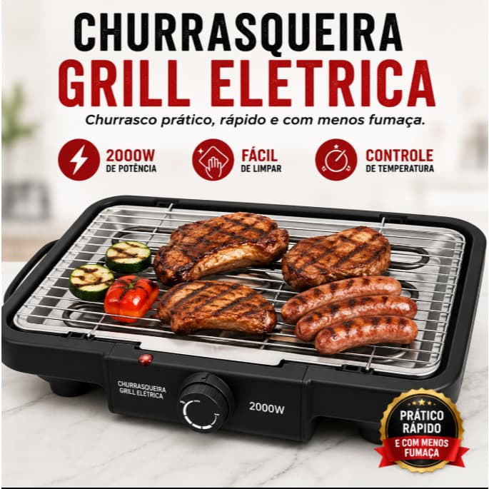 Churrasqueira Eletrica Portatil Grill Antiaderente Grelha Removivel 127V Preta