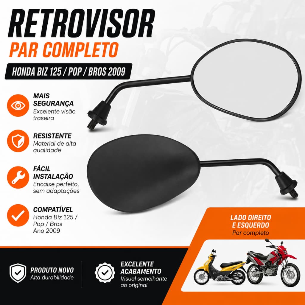 Retrovisor Honda Biz 125 2009 Pop Bros Par Completo Espelho Moto Alta Qualidade