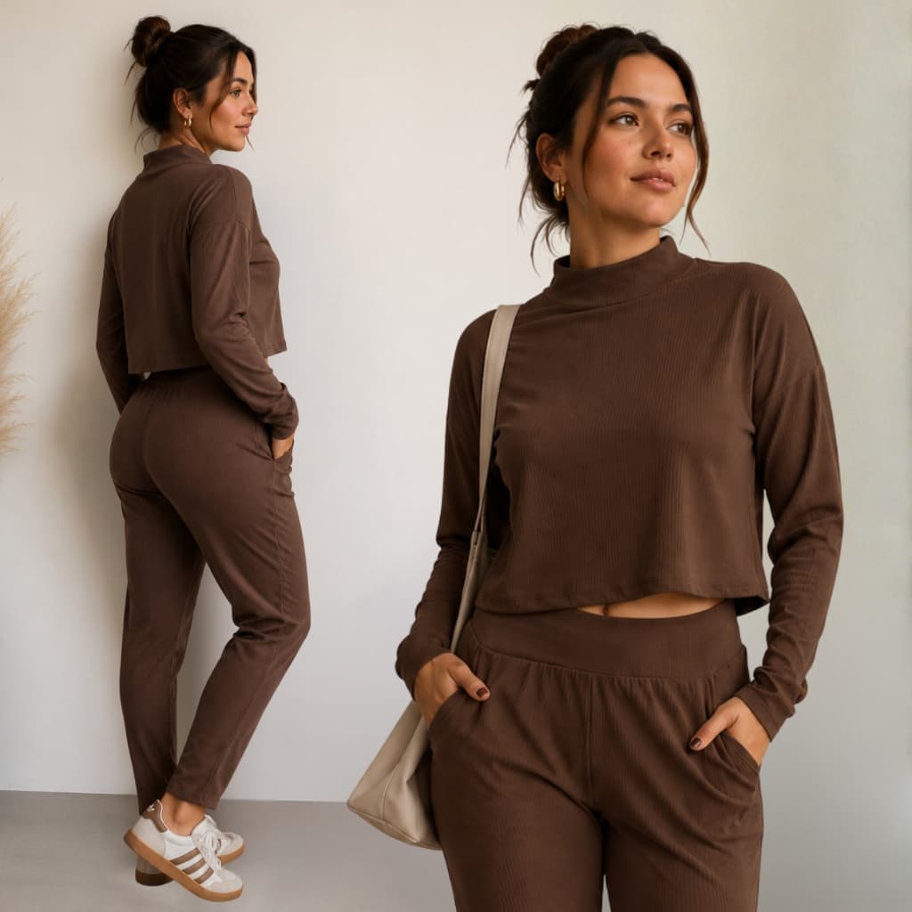 Conjunto Feminino Canelado Inverno Cropped Manga Longa e Calça Cintura Alta Casual Confortável Moda Feminina