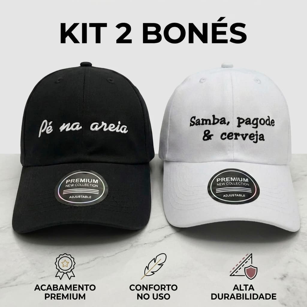Kit 2 Boné Pé Na Areia Samba Pagode Cerveja Preto Branco Aba Curva Bordado Praia Premium Top