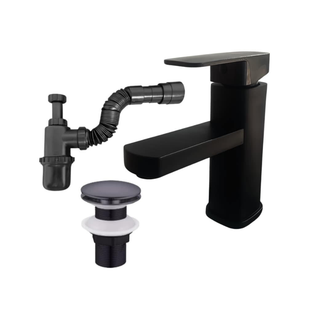 Kit Torneira Monocomando Banheiro Válvula Click E Sifão Copo Preto