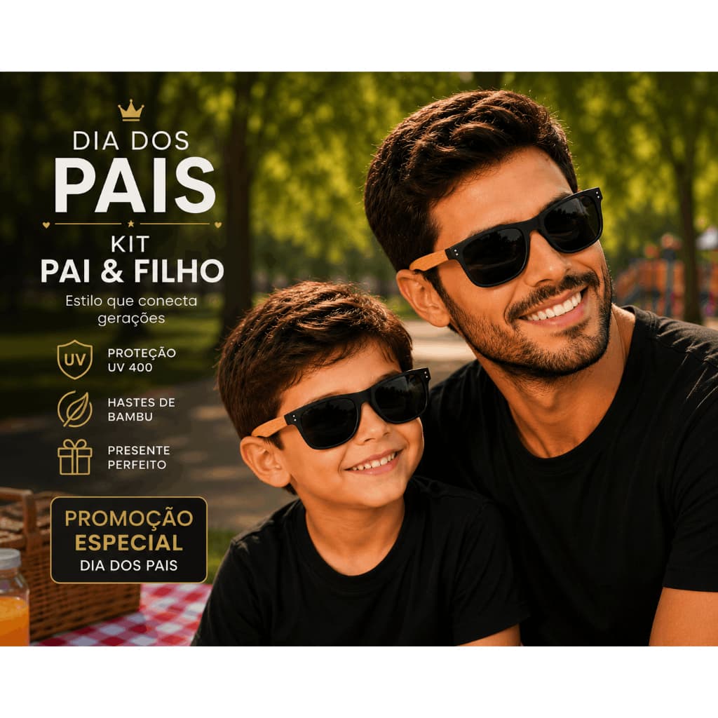 Kit Óculos de Sol Madeira Masculino e Feminino Pai e Filho Presente Dia dos Pais Presente UV400