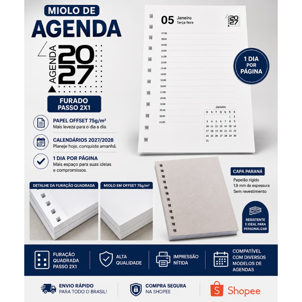 Miolo Furado de Agenda 2027 - Impresso no A5 - Capa Dura com 354 Páginas