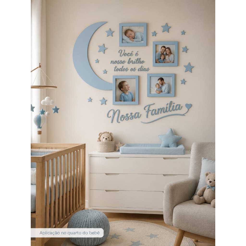 Porta-Retratos Azul Bebê Lua e Estrelas para Quarto de Menino 10x15