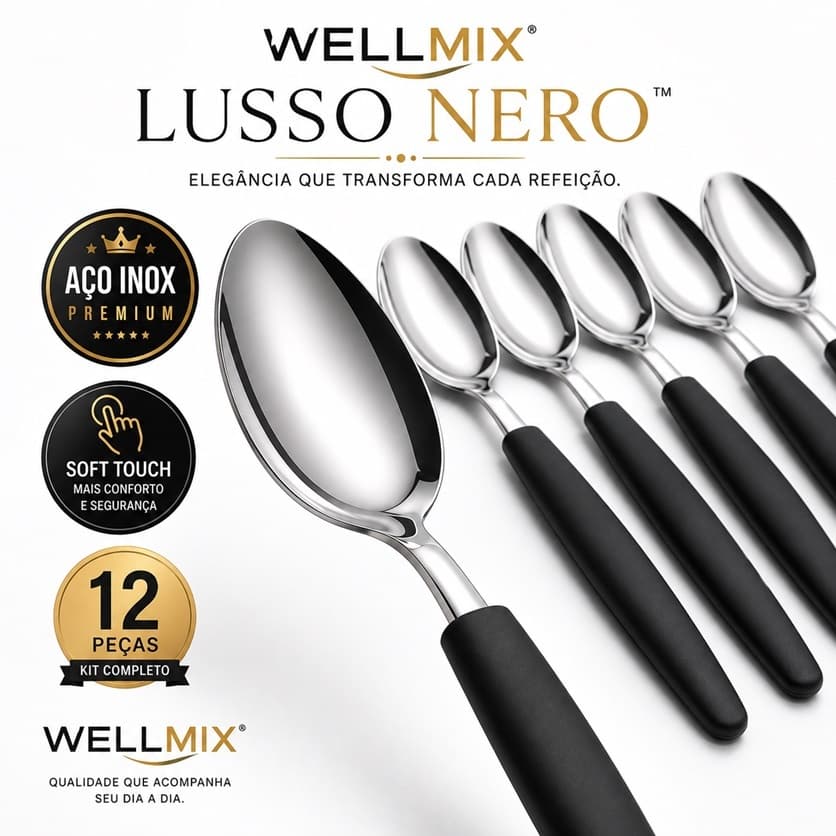 Kit 12/24 Colheres de Sobremesa Inox Cabo Preto Soft Touch Premium