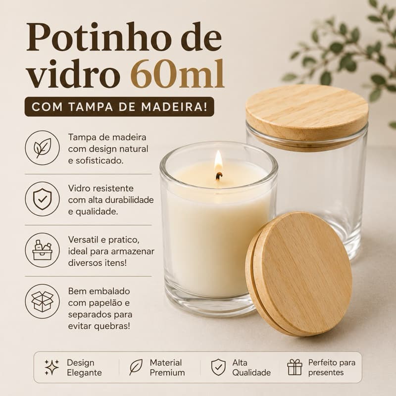 Kit 15 Potes de Vidro 60ml com Tampa de Madeira Para Velas Artesanais Velas Aromaticas Lembrancinhas