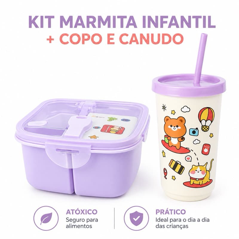 Kit Marmita Infantil com Divisórias e Colher + Copinho com Canudo - Kit Escola - Lanche - Passeio
