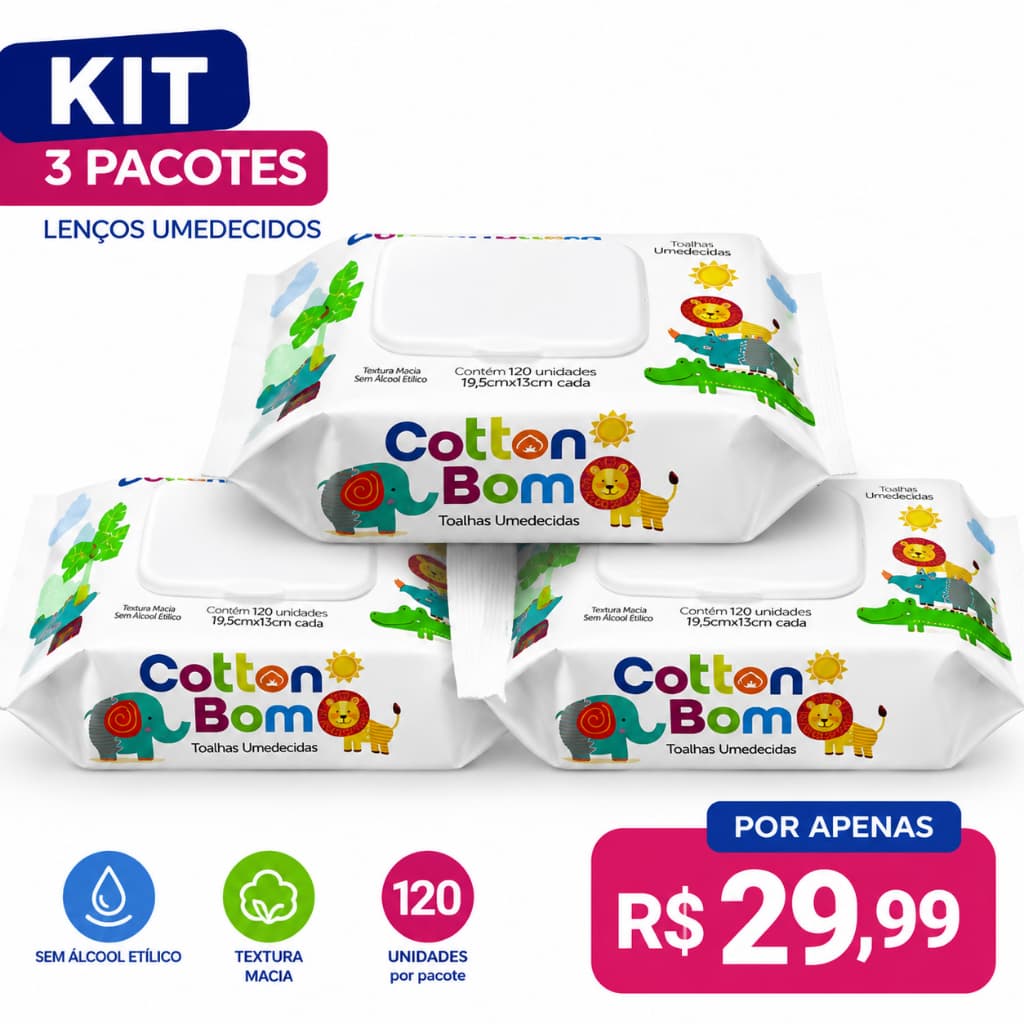 Kit 3 Pacotes Lenço Umedecido Cotton Bom 120 Unidades Cada | Total 360 Toalhinhas