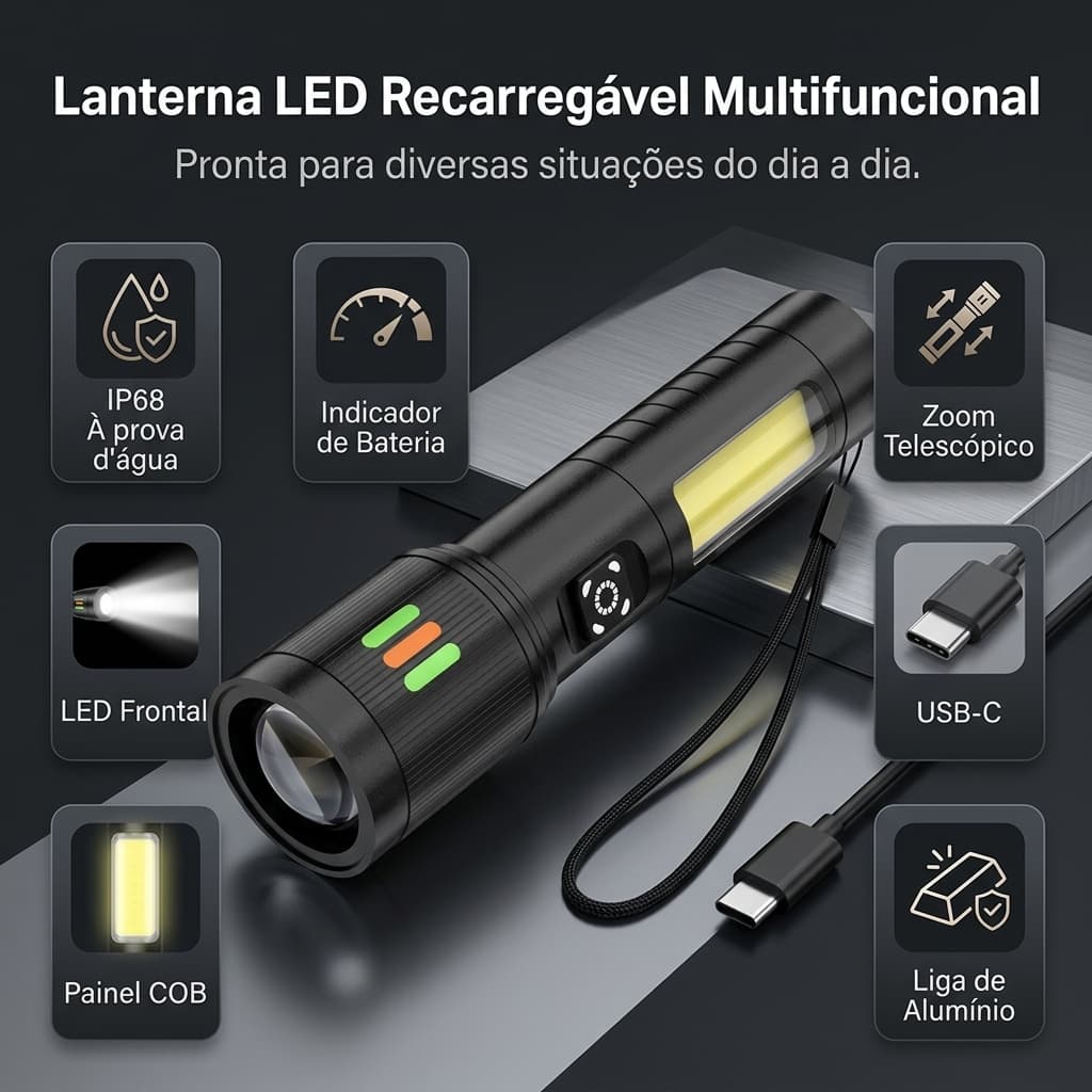 Lanterna Tática Militar Velada VORTEKZ Led Super Potente IP68 Recarregavel a prova de agua