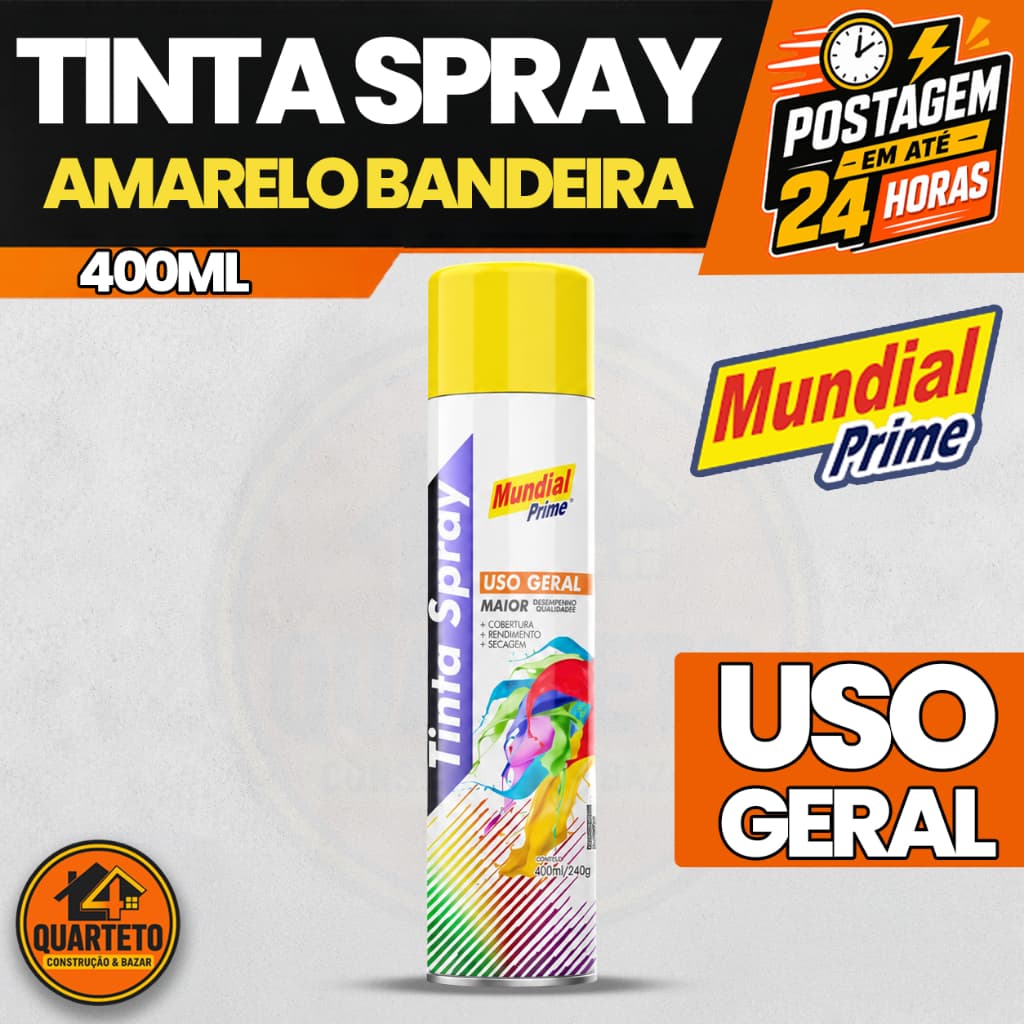 Tinta Spray Amarelo Bandeira Uso Geral 400ml Mundial Prime Para Artesanato E Moveis