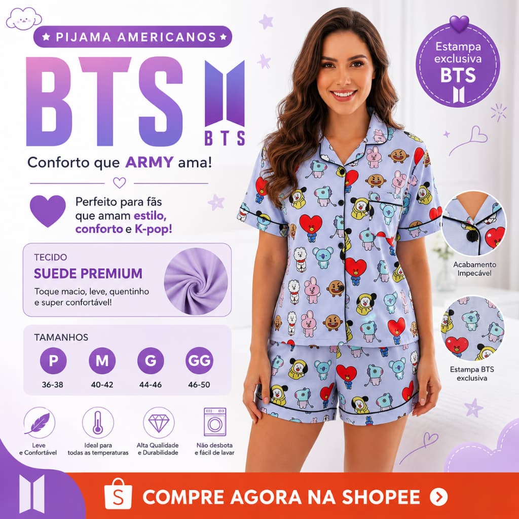 Pijama Americano BTS  Roupa de dormir Baby Dool