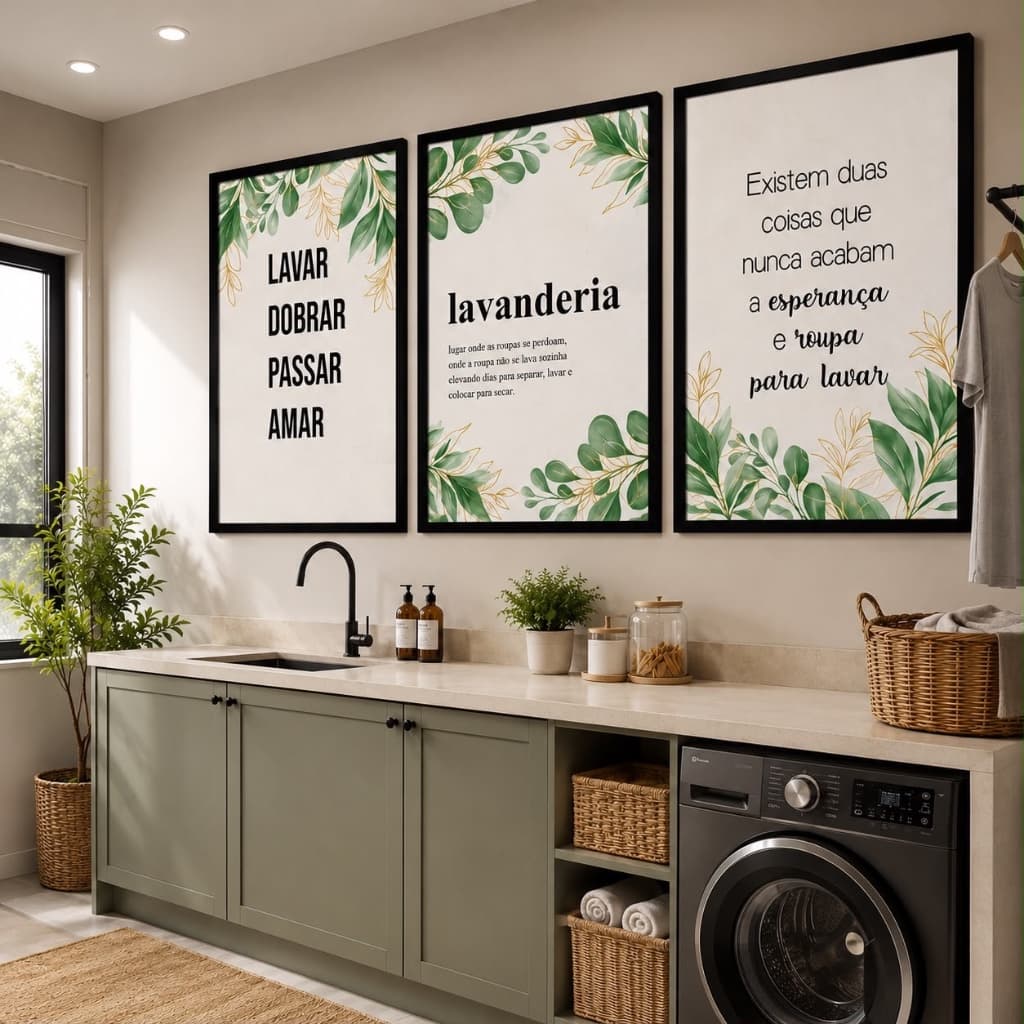 Quadro Decorativo 3 peças lavanderia frase roupa suja se lava em casa