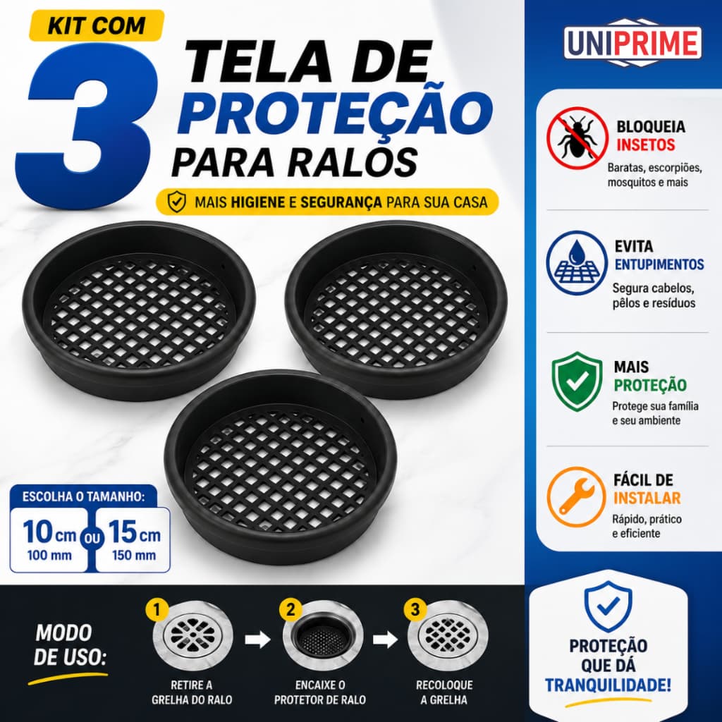 Kit 03 Tela Ralo Protetor Contra Insetos Anti Escorpião 10cm ou 15cm Preto