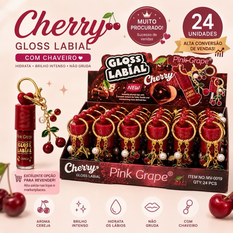 Box C/24 Gloss Labial Cherry Com Pingente Cereja Revenda