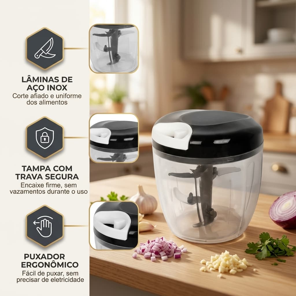Picador de Alimentos Manual 900ml Sem Fio Lâmina Inox Corta Tudo Cozinha