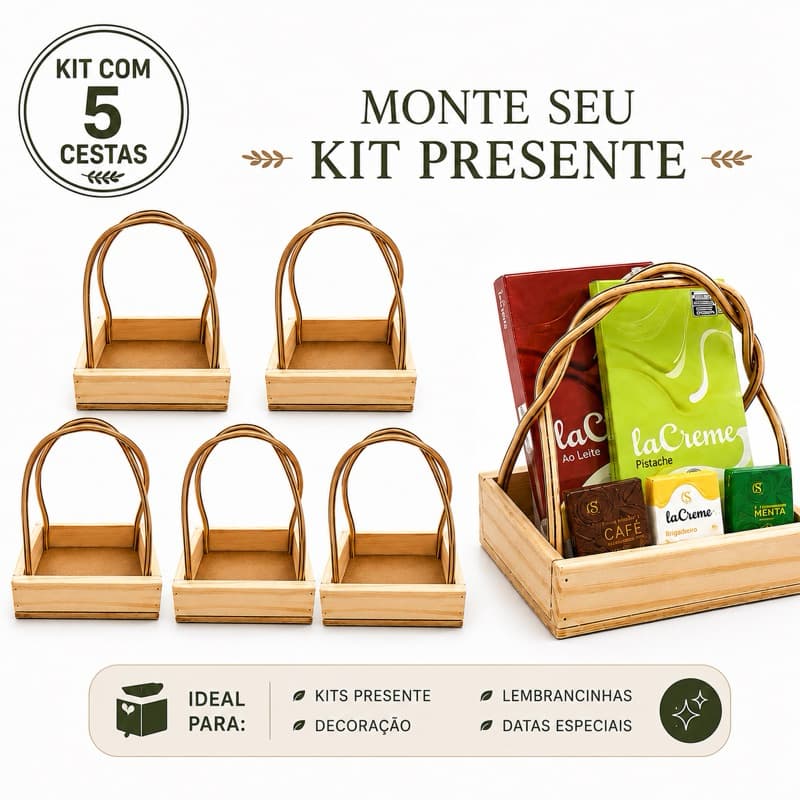 Kit 5 Cestas para Presente Madeira Pinus Artesanal Alça Dupla Lembrancinhas Monte seu Kit