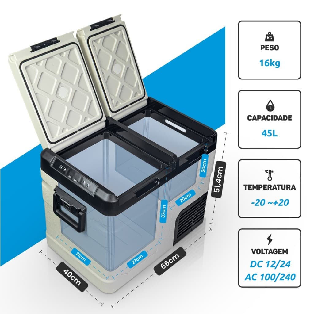 Geladeira Portátil 45 litros Duplex Quadrivolt Camping Motorhome dual zone