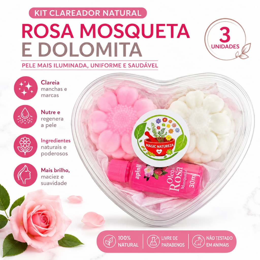 Kit Sabonete Glicerina Natural Rosa Mosqueta e Dolomita + Óleo de Rosa Mosqueta