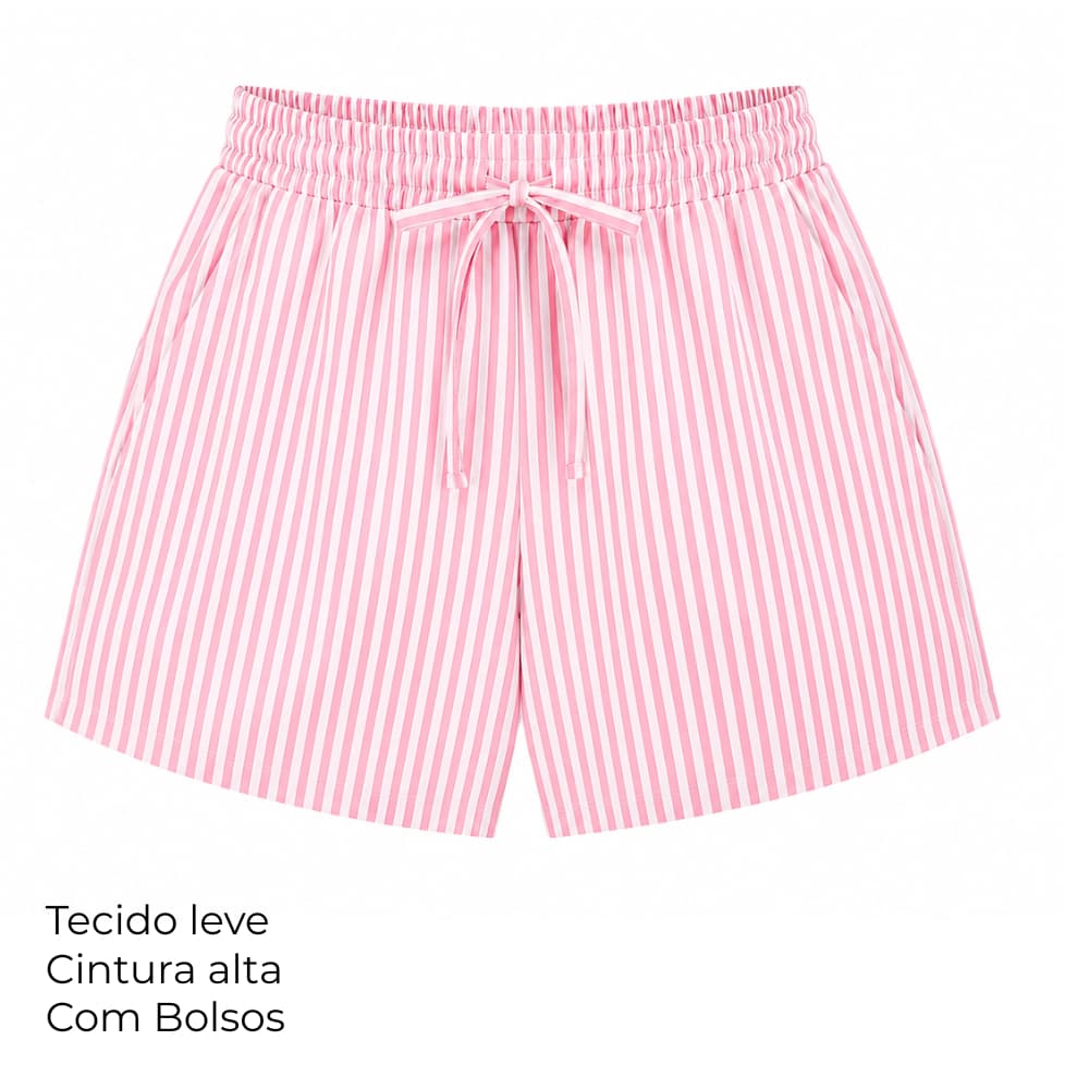 Shorts Feminino, listrado, soltinho, casual, confortável, tecido sedinha ou poliéster