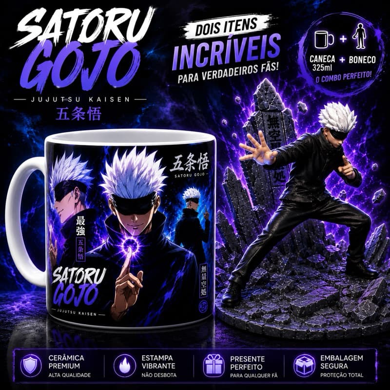 Kit Satoru Gojo – Presente Perfeito  Caneca 325 ml + Boneco Colecionável