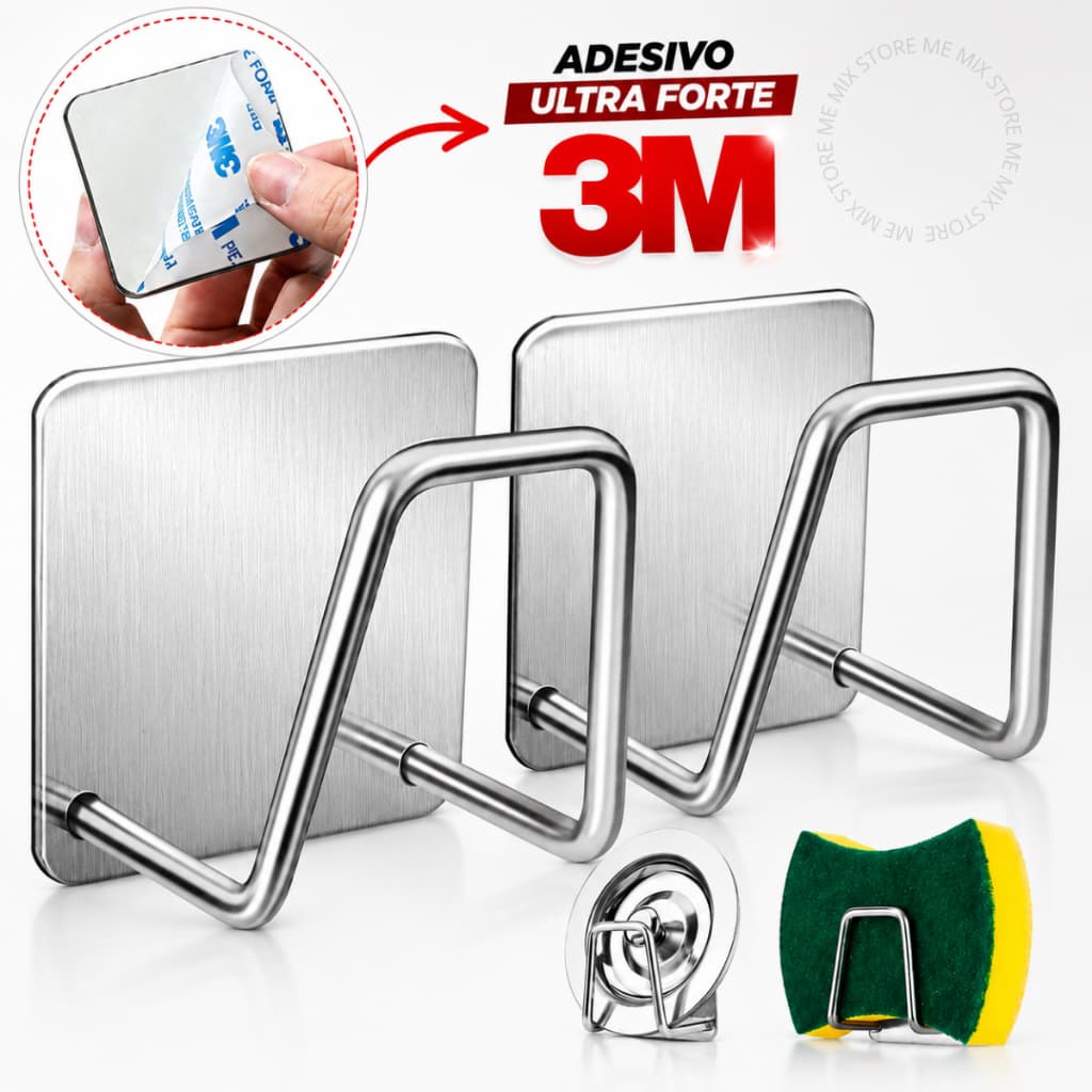 Kit Gancho Aço Inoxidável Suporte Adesivo para Esponja de Cozinha