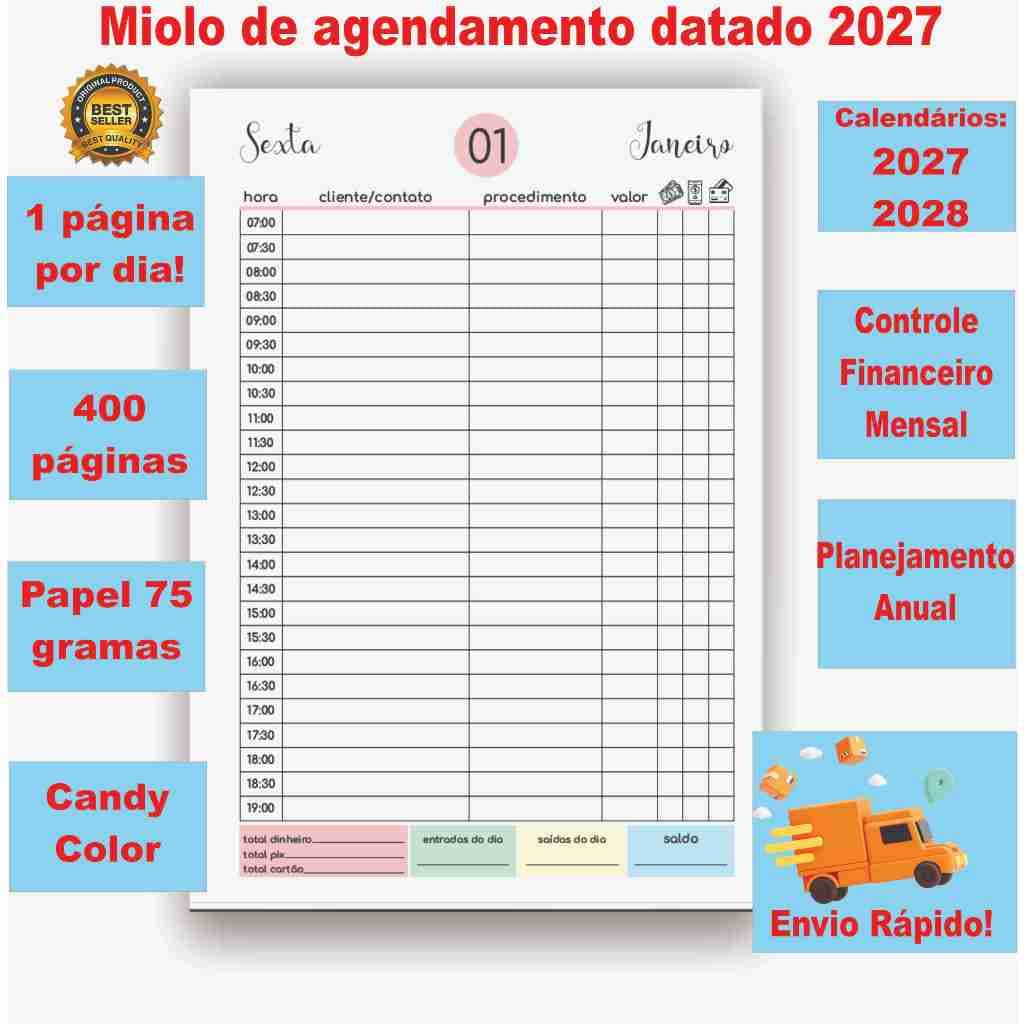 Miolo de agendamento planner datado 2027