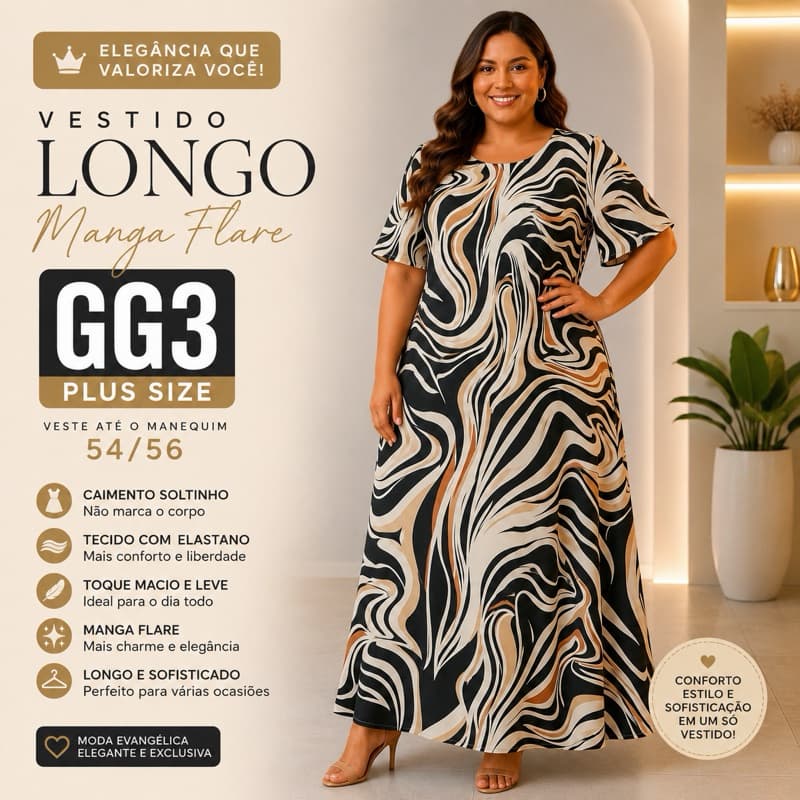 Vestido Longo Plus Size GG3 Manga Flare Soltinho Elegante Estampado Tecido com Elastano Veste 54 ao 56
