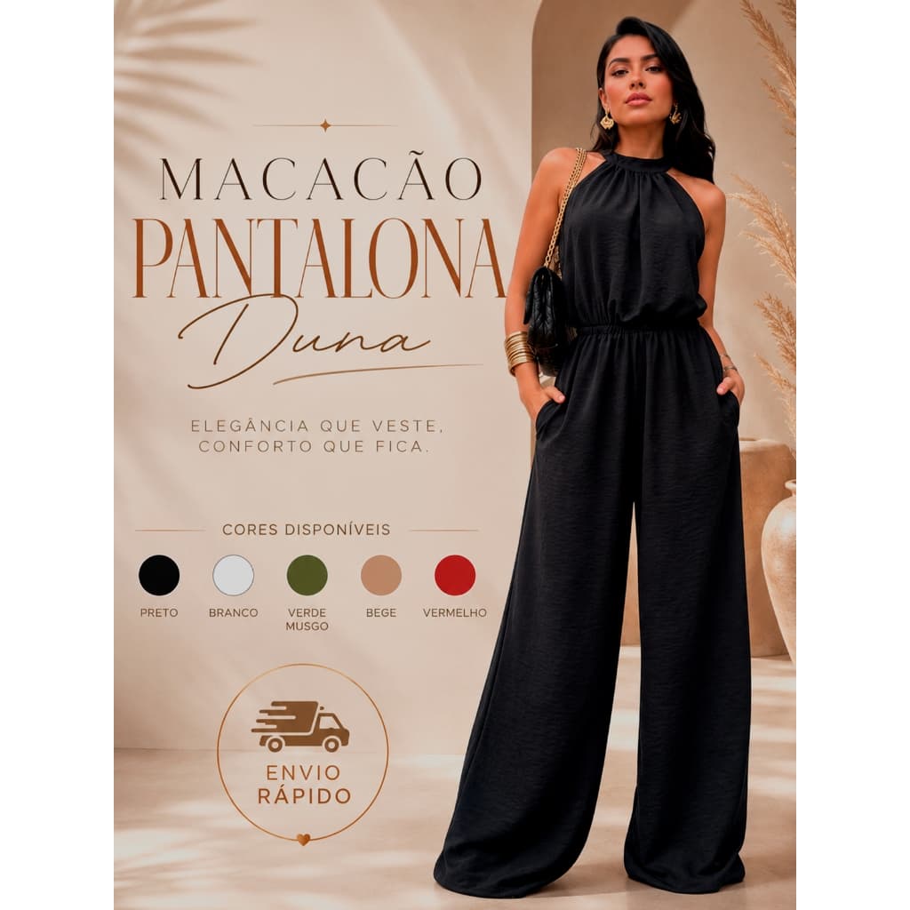 Macacão Pantalona Feminino Longo Gola Alta Costas Aberta Elegante Tecido Duna de amarrar regulável