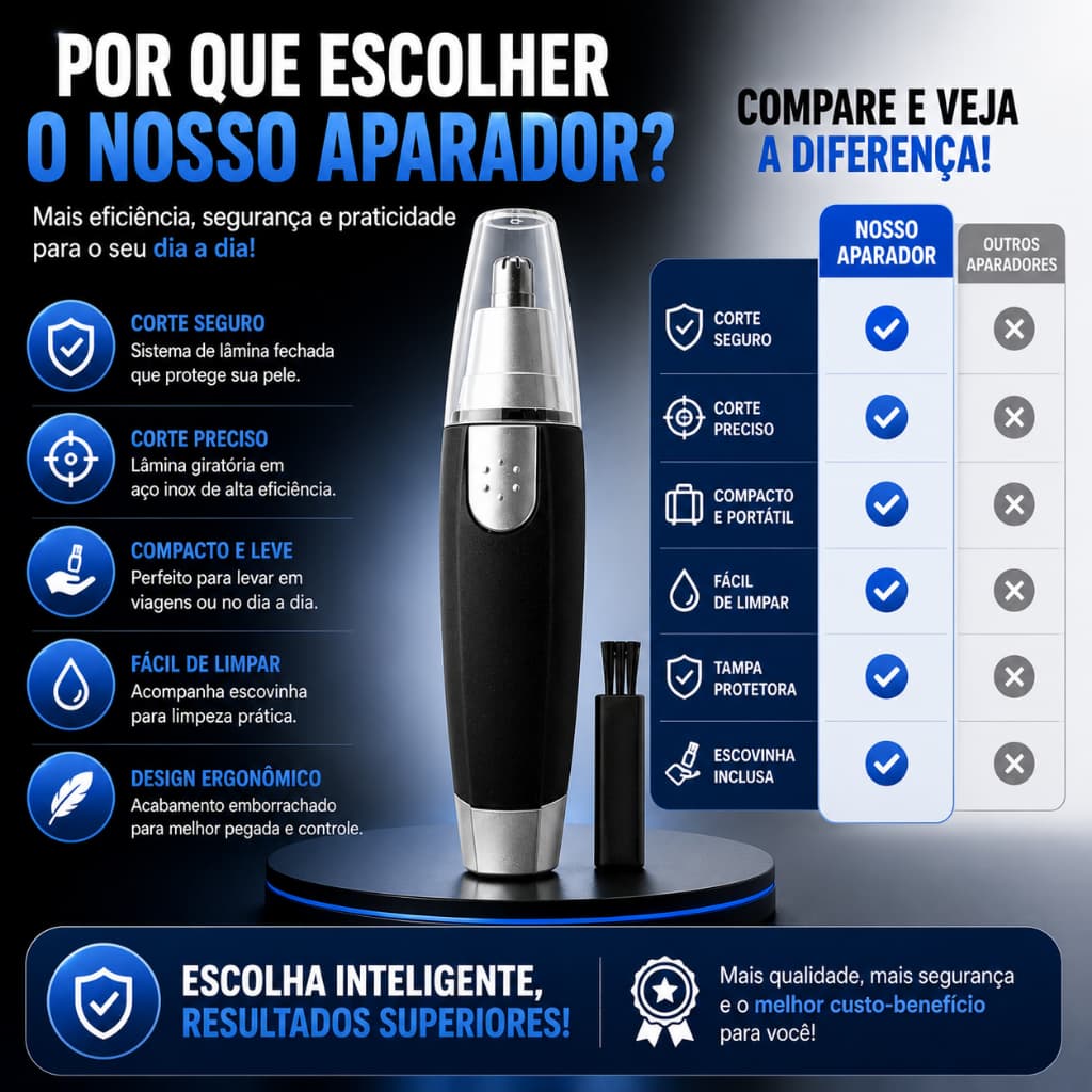 Aparador de Pelos Nariz Ouvido e Sobrancelha Elétrico Corte Seguro Aço Inox Portátil com Escovinha