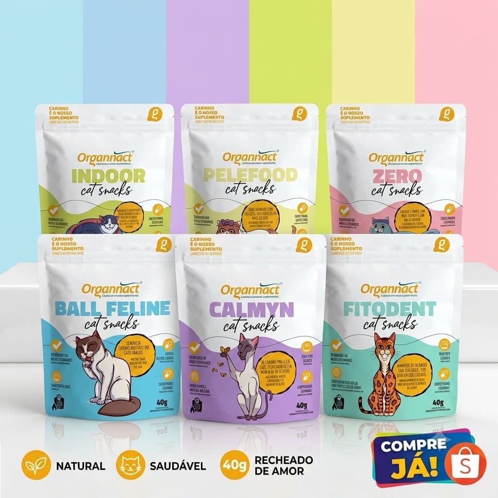 PETISCOS PARA GATOS FUNCIONAIS - ORGANNACT 40G - NATURAL INDOOR - CALMYN - ZERO - FITODENT - PELEFOOD