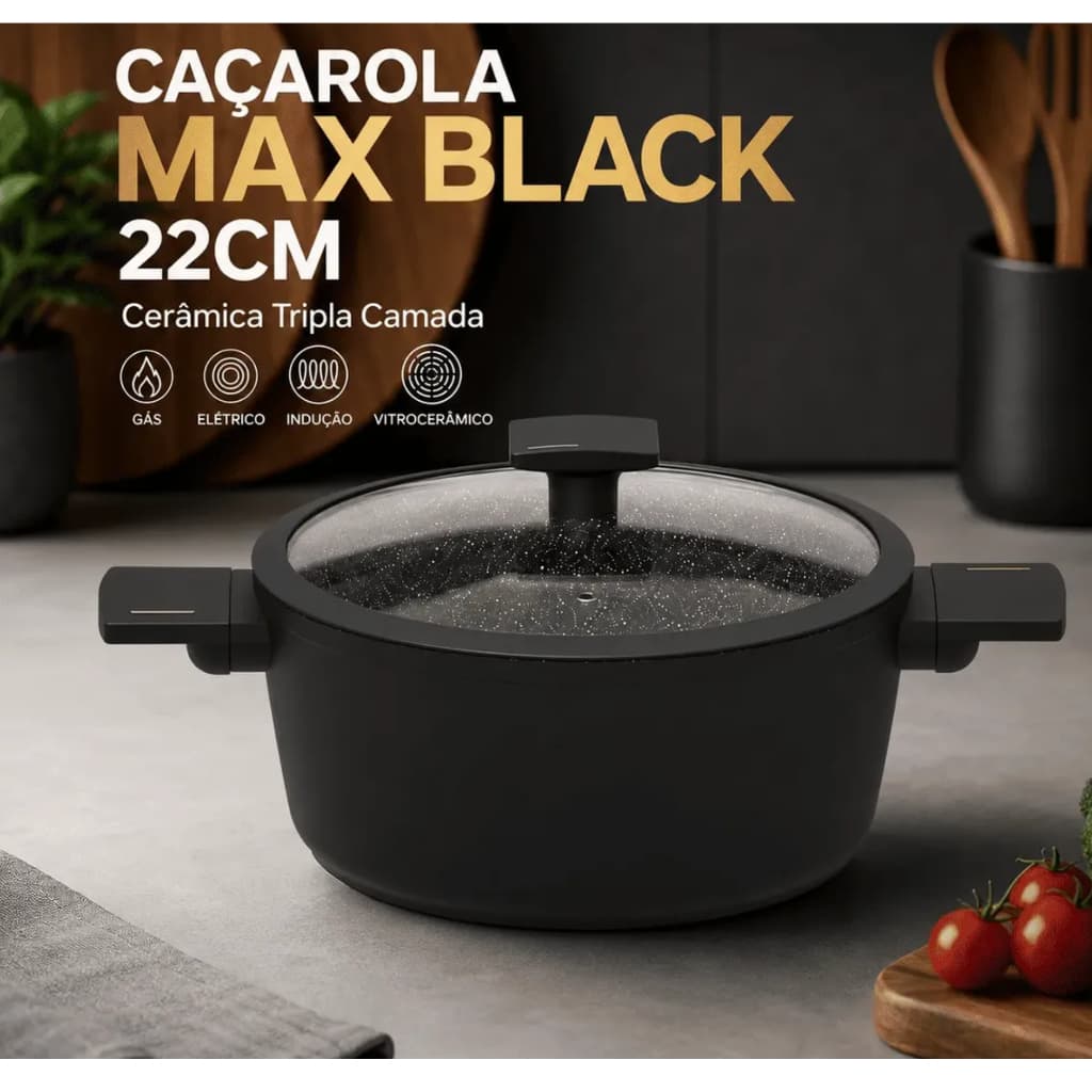 Panela com Tampa de Vidro Duas Alças Max Black 22cm Caçarola Tripla Camada Indução Preta