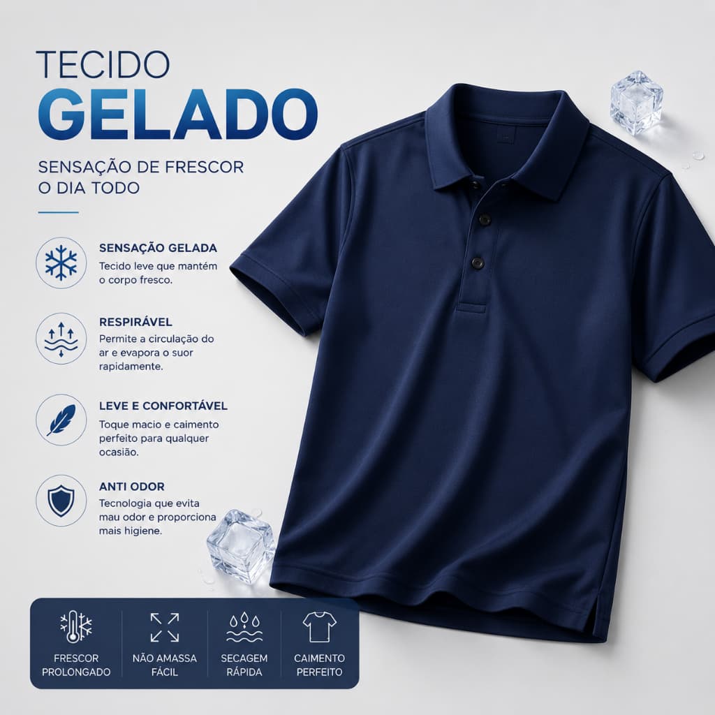 Camisa Masculina Polo Tecido Gelado Elastico e Elastano