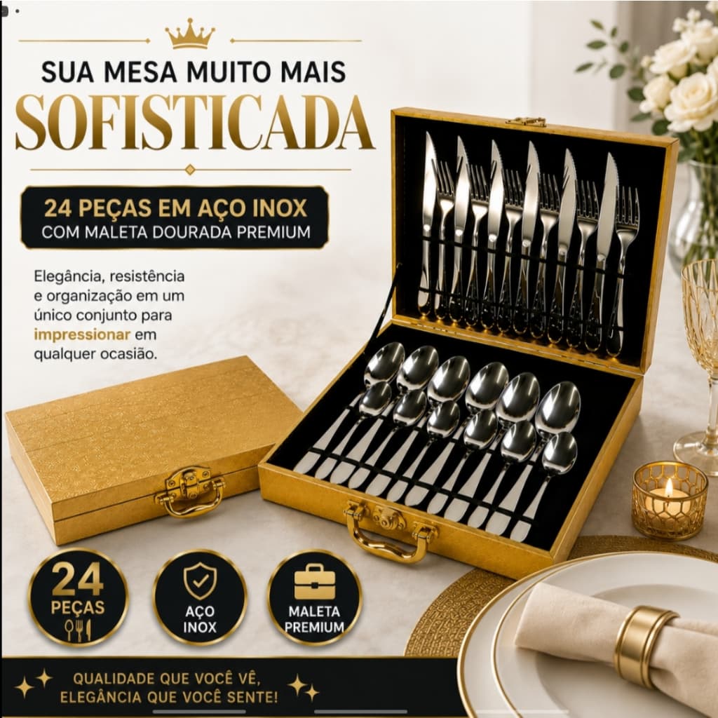 Conjunto de Talheres Inox 24 Peças com Maleta Dourada GoldenCut Elegance™ Faqueiro Completo Luxo para Mesa Posta