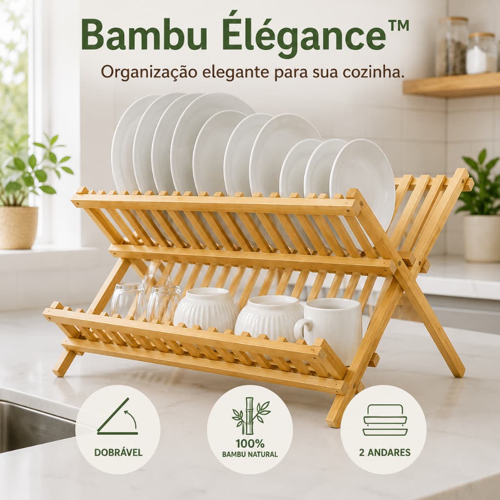 Escorredor de Louças Dobrável 2 Andares em Bambu Natural Organizador de Pia Porta Pratos Premium