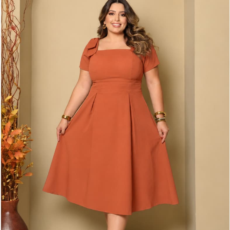 Vestido Midi Linho Elegante Decote Quadrado Luxo - M ao G1