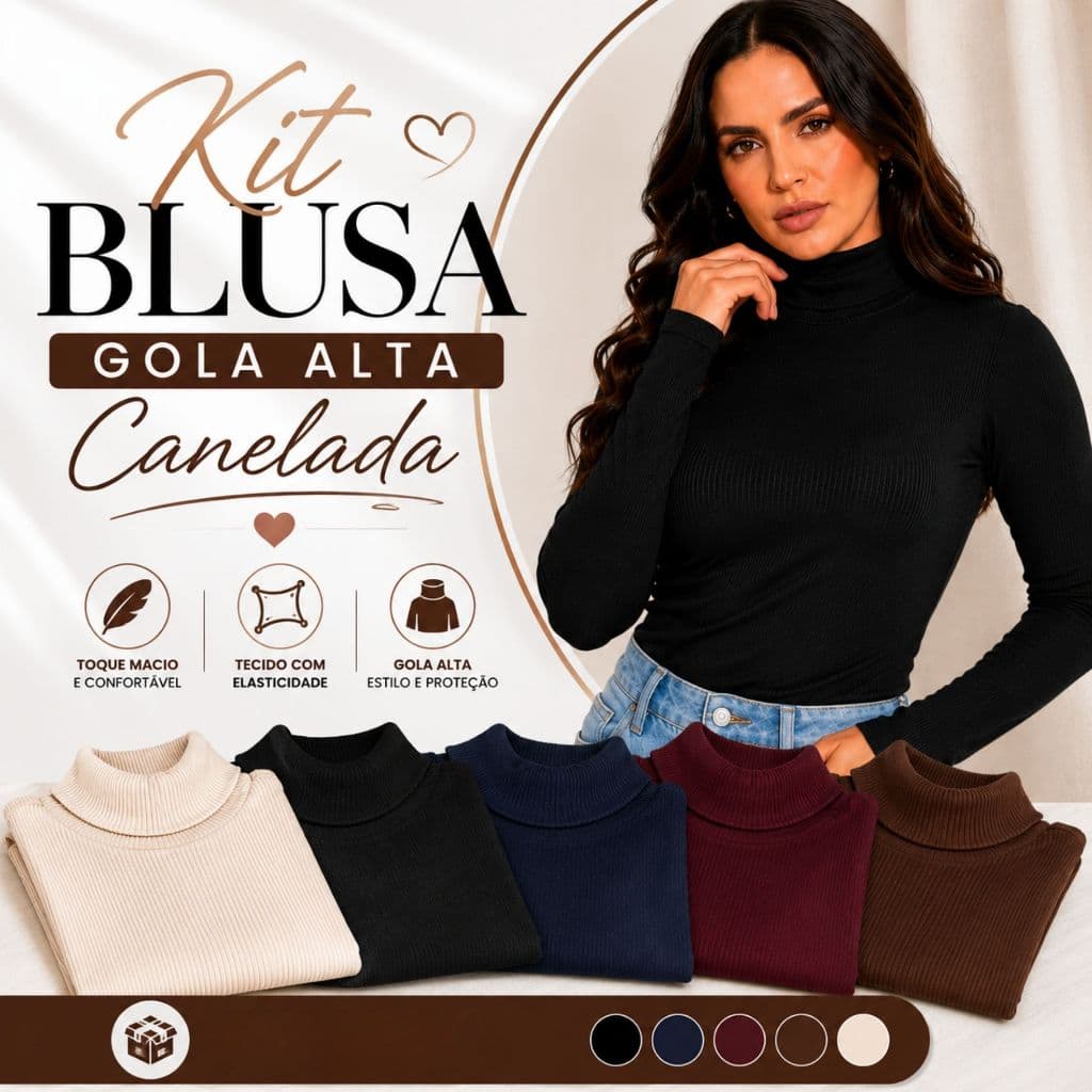 Kit Blusas Feminina Gola Alta Manga Longa Canelada Premium Toque Macio Segunda Pele