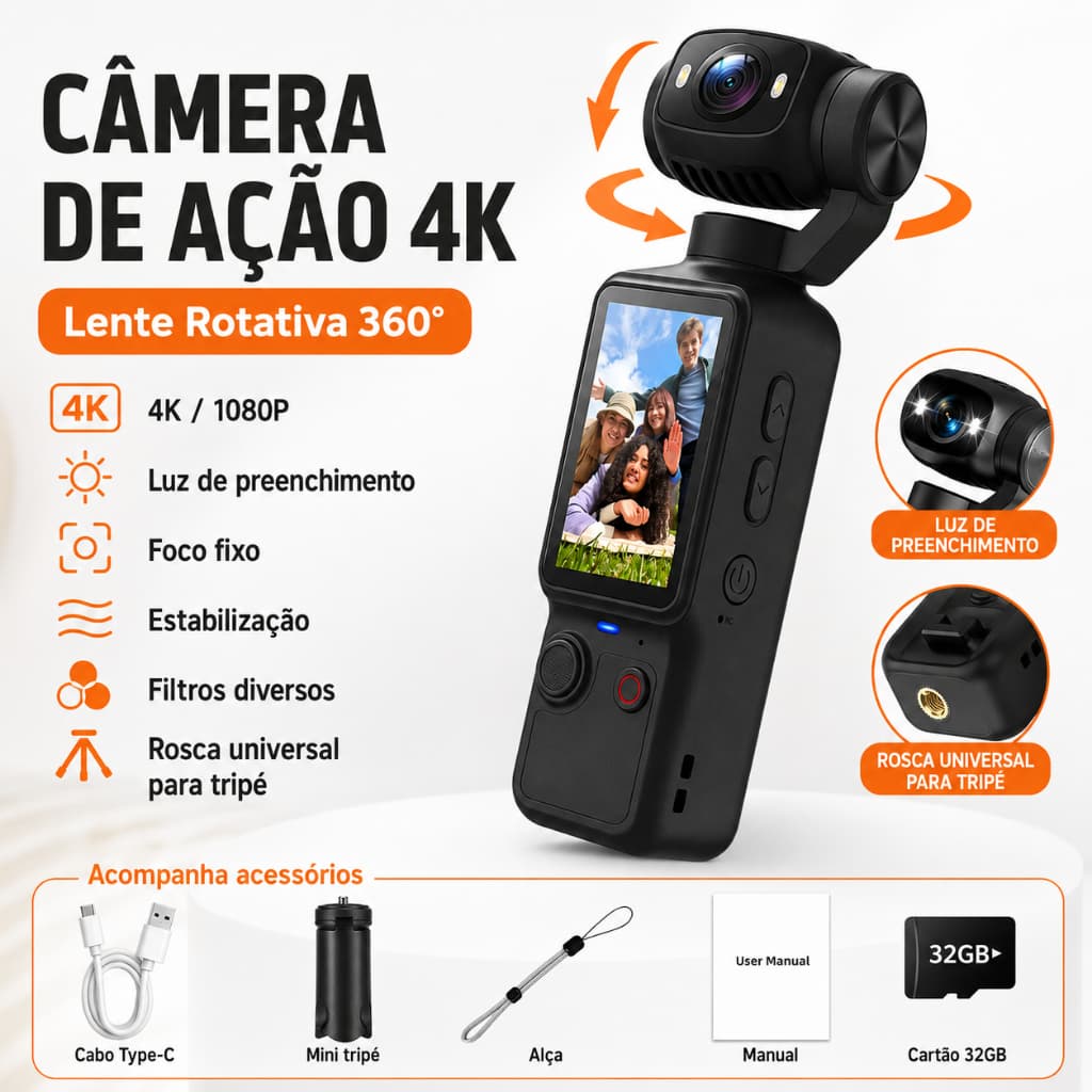 Câmera Esportiva 4K 1080P Lente Rotativa 360° Luz de Preenchimento Mini Tripé e Cartão 32GB para Vlog