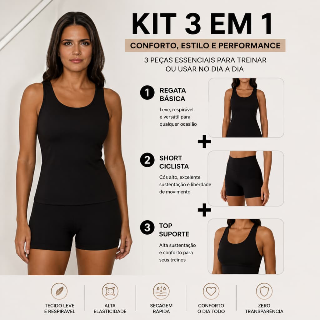 Kit K2B Regata + Top Nadador + Short Tecido Poliamida Zero Transparência Feminino Esporte e dia a dia