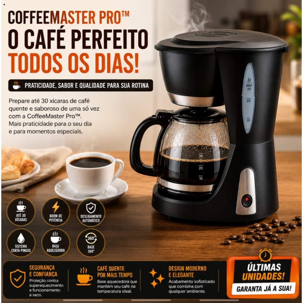 Cafeteira Elétrica 30 Xícaras 127V 800W CoffeeMaster Pro™ Jarra de Vidro Sistema Corta Pingos Preta